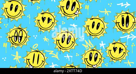 Trendige abstrakte Graffiti-Stil Happy Smiling Sonnen on the Sky nahtlose Hintergrundvorlage Stock Vektor