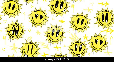 Coole trendige abstrakte Graffiti-Stil Happy Smiling Sonnen on the Sky nahtlose Hintergrundvorlage Stock Vektor