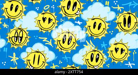 Cooler abstrakter Graffiti-Stil Happy Smile Sonnen on the Sky mit einigen Wolken nahtlosem Hintergrund Stock Vektor