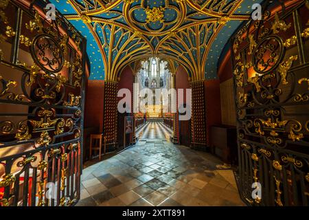 Im Inneren der Westminster Abbey befindet sich das Orgelloft, der Raum vor dem Betreten des Chors und des Hochaltars. Ein wunderschönes, farbenfrohes Zimmer mit eisernen Toren in London, Großbritannien. Stockfoto