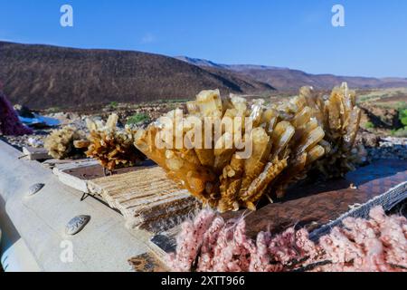 Tadjoura, Dschibuti - 9. November 2019: Lokale handgemachte Souvenirs auf der Straße in der Golfregion von Tadjoura Stockfoto