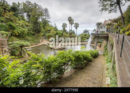 Mit Blick auf einen malerischen Pfad zum Wasserrand in den Monte Palace Gardens in der Nähe von Funchal, Madeira, aufgenommen am 31. Juli 2024. Stockfoto