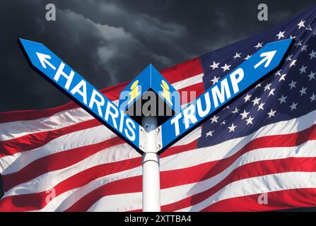 US-Präsidentschaftswettlauf. Die Namen von Kamala Harris und Donald Trump auf dem Straßenschild auf dem Hintergrund der amerikanischen Flagge und einem stürmischen Himmel Stockfoto