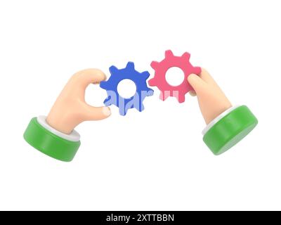 Cartoon Gesture Symbol Mockup.Hand gezeichnete 3D-Illustration von zwei Händen, die das Zahnrad halten.3D-Rendering auf weißem Hintergrund. Stockfoto