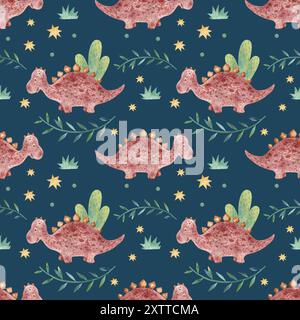 Handgezeichnetes nahtloses Muster mit Dinosauriern und exotischen Pflanzen. Farbenfrohes Dino-Design. Ideal für Kinderstoffe, Textilien und Kindertapeten. Niedlich Stockfoto