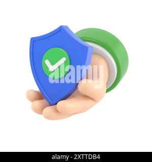 Cartoon Gesture Icon Mockup.3D Hand hält Sicherheitsschild und Vorhängeschloss. Schutz personenbezogener Daten. Konzept für sicheren Zugriff. Erfolgreiche Verifizierung.3D r Stockfoto
