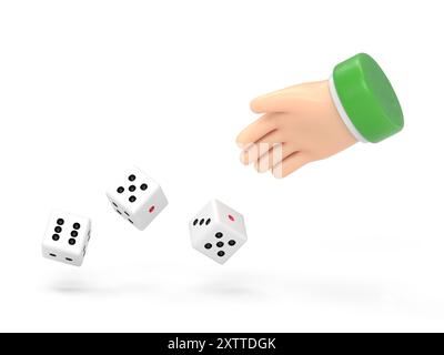 Der Mann wirft Würfel. Vorlage für Glücksspiele. Würfelwürfel werfen. Rote Würfel auf dem Tisch. Mann eifriger Mensch. Spielerkonzept. Wiedergabe in Hand.3D-Rendering auf weiß Stockfoto