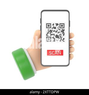 3D-Cartoon-Rendering weibliche Hand hält das Smartphone und nutzt den mobilen App-Service mit Scan QR-Code-Banner-Design. Technologie und Geschäftskonzept.3D-Renderin Stockfoto