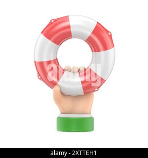 Unterstützendes Konzept. Rettungsring in der Hand. 3D-Illustration flache Ausführung. Unterstützung für wohltätige Zwecke. Symbol Hoffnung. Geschäftsmann mit einer Rettungsboje im Wasser. Hilfe geben Stockfoto