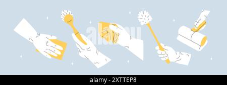 Hände halten einen Staubsauger, eine Bürste, ein Tuch, einen Schwamm Stock Vektor