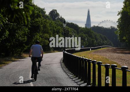 Eine Person radelt durch den Hyde Park, London. Großbritannien wird dieses Wochenende Höchsttemperaturen von 25 °C erleben, da sich die Temperaturen nach einer Woche, an der bisher der heißeste Tag des Jahres war, stabilisieren. Bilddatum: Freitag, 16. August 2024. Stockfoto