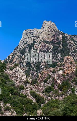 Blick auf das Caroux-Massiv und die Schluchten von Heric. Haut-Languedoc, Occitanie, Frankreich Stockfoto