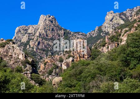 Blick auf das Caroux-Massiv und die Schluchten von Heric. Haut-Languedoc, Occitanie, Frankreich Stockfoto