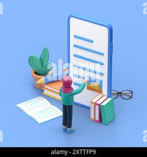 Medienbuchbibliothek Concept.3D-Illustration der lächelnden arabischen Frau Ghaliyah für Webbanner, Infografiken, Heldenbilder. Flache isometrische 3D-Illustration Stockfoto