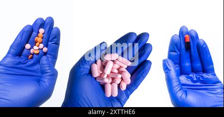 Ein Satz von Ärztshandschuhen in blauen Handschuhen, die Pillen auf weißem Hintergrund halten. Stockfoto