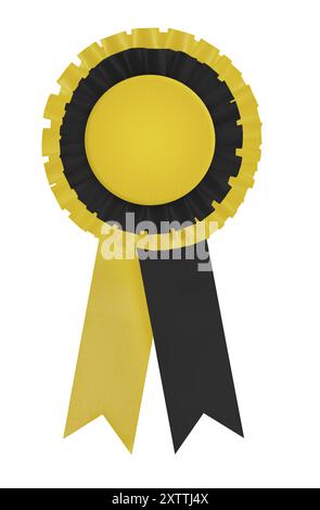Kreisförmige schwarz-gelbe Gewinnerrosette mit Plisseedetail aus Band mit leerer gelber Mitte. Verwendet Farben der SNP (Scottish National Party). Stockfoto