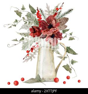 Mohnanemonenblume, Tannenzweige, Kegel, Beeren. Aquarell handgezeichnete Illustration, Vasenstrauß isoliert auf weiß. Weihnachten, Happy New Stockfoto