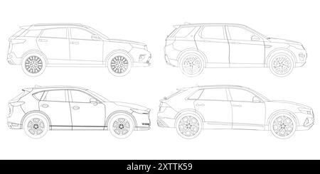 Konturensatz verschiedene Modelle von Autos. Vektorabwicklungsdarstellung. Vektor-Illustration der Seitenansicht des Fahrzeugs Stock Vektor