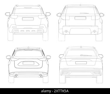 Konturensatz verschiedene Modelle von Autos. Vektorabwicklungsdarstellung. Rückansicht Vektor-Illustration Stock Vektor