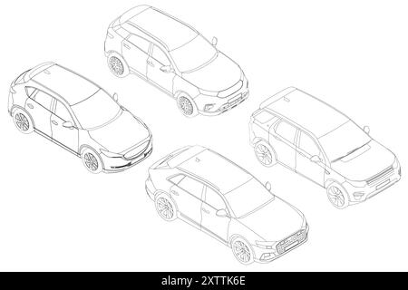 Konturensatz verschiedene Modelle von Autos. Vektorabwicklungsdarstellung. Isometrische Ansicht Car Vector Illustration. 3D. Stock Vektor