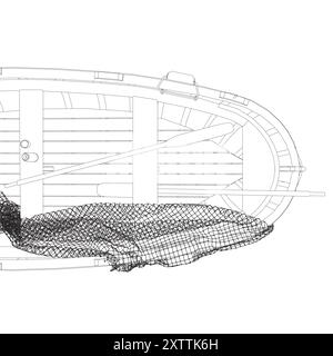Konturvektordarstellung des Fischerbootes mit Netz. Blick von oben. Stock Vektor