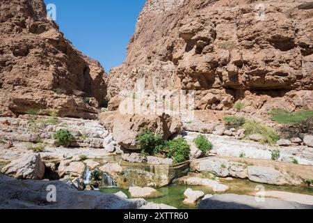 Al Falaj Bewässerungssysteme in der Schlucht des Wadi Ash Shab im Sultanat Oman, alten Wasserkanälen im Nahen Osten Stockfoto