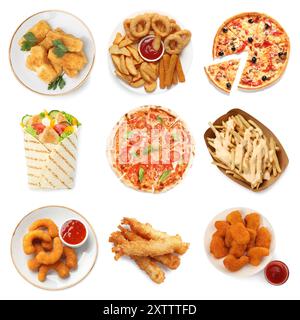 Collage mit verschiedenen leckeren Fast Food auf weißem Hintergrund, Draufsicht Stockfoto