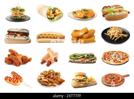 Collage mit verschiedenen leckeren Fast Food auf weißem Hintergrund Stockfoto