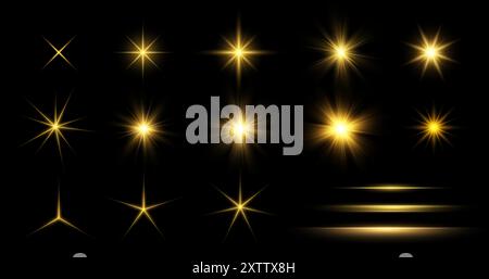 Goldener Leuchtstern. Sammlung verschiedener Lichteffekte auf schwarzem Hintergrund. Transparente funkelnde Sterne. Realistische Vektordarstellung Stock Vektor
