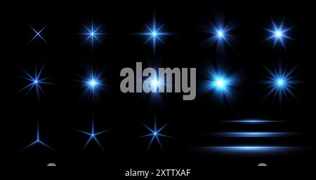 Blauer Leuchtstern. Sammlung verschiedener Lichteffekte auf schwarzem Hintergrund. Transparente funkelnde Sterne. Realistische Vektordarstellung Stock Vektor