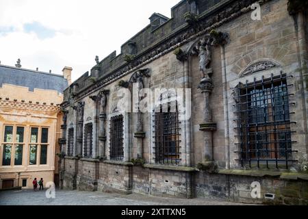 Stirling Castle zeigt die Skulpturen und das Ende der Großen Halle, Stirling, Schottland Stockfoto