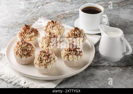 Leckere Tiramisu Cupcakes sind ein Vanillekuchen, der mit Kaffee getränkt und mit einem reichhaltigen Mascarpone-Frosting belegt ist, und großzügig mit Kakaopulver-Coffee bestäubt wird Stockfoto