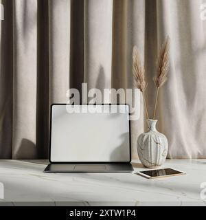 Foto-Modell des Geräts auf Sofa, Textil, Modell, moderner und ästhetischer Stil, Laptop-Modell beige Ästhetik Stockfoto