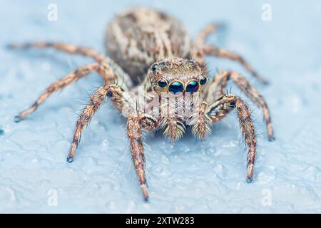 Die gelbe Spinne mit weißen Markierungen krabbelt anmutig auf den Boden und zeigt die Schönheit der Natur aus nächster Nähe. Stockfoto