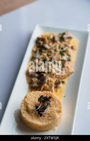 Couscous-Brei mit Fleisch- und Pilzsauce auf einer weißen Keramikplatte Stockfoto