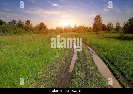 Sonnenuntergangslandschaft mit Pfützen auf unbefestigtem Weg in Steppe Stockfoto