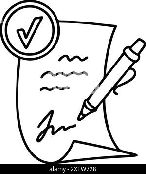 Symbol für Zeilenkritzelung, Vertragsunterzeichnung. Illustration des Skizzenvektors. Unterschrift des Stifts auf einem Blatt Papier. Dokumentenunterschrift. Arbeitsantragsformular. Geschäftsvereinbarung Stock Vektor