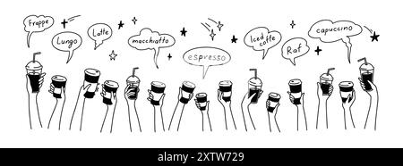 Hände mit Kaffee kritzeln. Menschenmenge, Männer und Kinder, die Einwegglas und Pappbecher halten. Hintergrund des Teamwork-Konzepts. Anderer Name t Stock Vektor