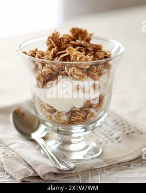 Ein Glas voller Müsli und Joghurt, gesundes Essen, Lebensmittelphotgraphie, Ernährungsberater, Joghurt mit Müsli Stockfoto