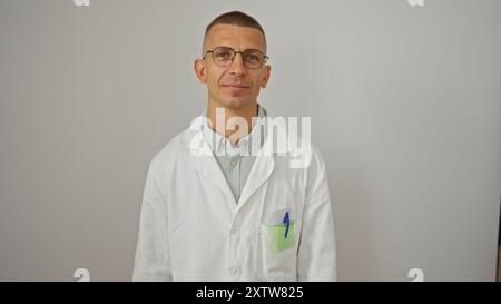 Junger Mann, der eine Brille in einem weißen Mantel trägt, der über einem isolierten weißen Hintergrund steht und selbstbewusst und professionell wirkt Stockfoto