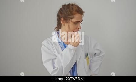 Eine nachdenkliche junge kaukasische Frau im Labormantel steht vor einem weißen Hintergrund und stellt einen Arzt dar, der über eine Diagnose nachdenkt. Stockfoto
