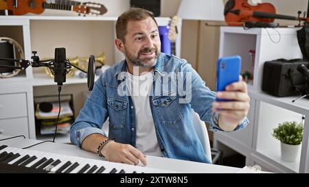 Hübscher hispanischer Mann mittleren Alters, der ein Selfie in einem Musikstudio macht, mit Mikrofon und Tastatur. Stockfoto