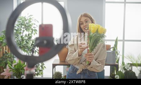 Die junge Frau hält gelbe Tulpen in einem lichtdurchfluteten Raum, während sie sich mit einem Smartphone auf einem Ringlichtständer filmt. Stockfoto