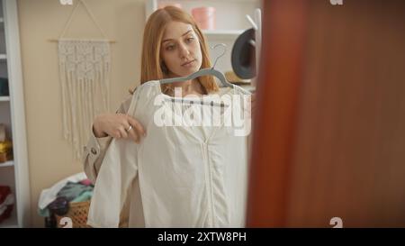 Eine besinnliche junge Frau untersucht ein Kleid in einem Raum und reflektiert die Wahl der Mode im Spiegel. Stockfoto