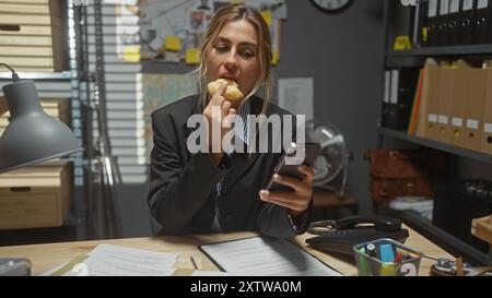 Die blonde Frau in einem Anzug isst einen Donut an einem überdachten Schreibtisch, während sie ein Smartphone hält, und zeigt ein viel beschäftigtes Polizeidetektiv-Szenario. Stockfoto