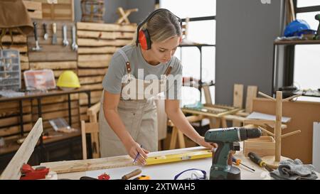 Handwerkliche Schreinerin vermisst Holz in einer gut ausgestatteten Werkstatt voller Werkzeuge Stockfoto