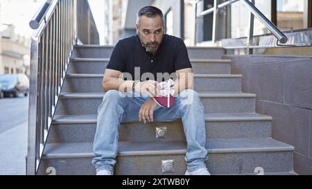 Ein reifer hispanischer Mann mit Bart und grauen Haaren, der draußen auf der Treppe sitzt und eine rote herzförmige Box hält und enttäuscht aussieht. Stockfoto