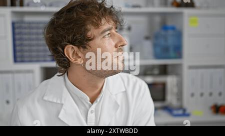 Ein nachdenklicher hispanischer Mann mit Bart und grünen Augen, der einen Labormantel im Laborzimmer einer Klinik trägt. Stockfoto