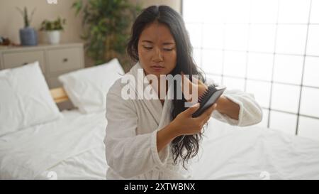 Junge chinesin, die einen Bademantel trägt, putzt sich die Haare in einem aufgeräumten Schlafzimmer mit Pflanzen im Hintergrund Stockfoto