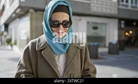 Elegante Frau mittleren Alters mit Hijab und Sonnenbrille steht im Freien in einem urbanen Ambiente und strahlt Selbstbewusstsein und Stil aus. Stockfoto